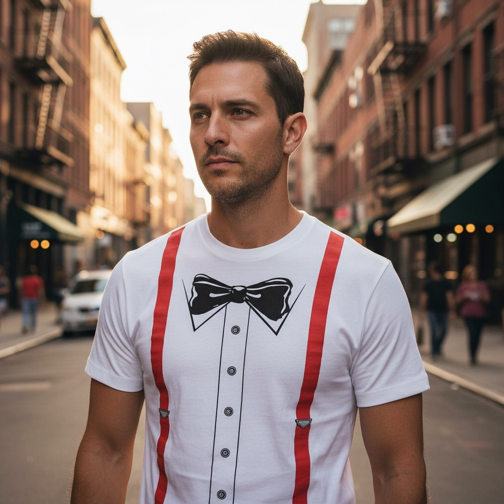 Men's INK inc. White Red Bow Tie Suspenders Short Sleeve Tee M
